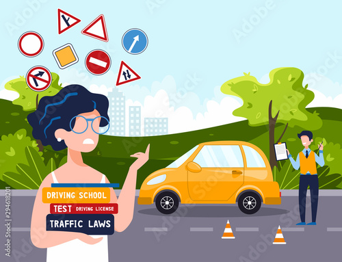 An annoyed woman who holds driving textbooks is trying to remember traffic signs. Driving school concept, driver's license, traffic rules. Vector flat illustration Natural landscape in the background.