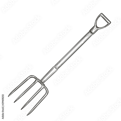 Garden pitchfork icon, cartoon style.