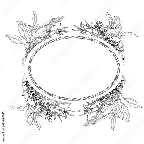Bouquet Garni. Classic French cooking herb blend: Bay Leaves, Thyme, Garden Sage, Italian Flat Leaf Parsley. Textured background, antique mosaic frame. EPS8 compatible. See more herbs in this series.