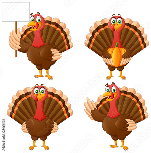Set of Cartoon Thanksgiving Turkey Bird Mascot Character. Vector Illustration