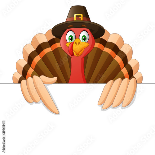 Cartoon Thanksgiving Turkey Bird Mascot Character Holding A Blank Sign. Vector Illustration