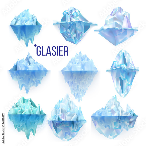 Glacier Frozen Rock And Iceberg Collection Vector. Different Form And Size Frosty Glacier Floating On Water Waves. Broking And Dangerous For World Climate System Realistic 3d Illustrations
