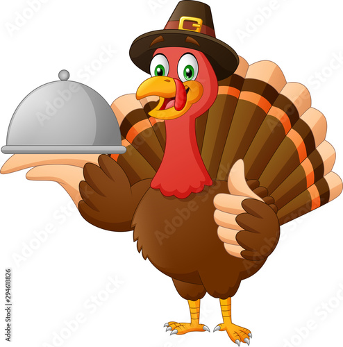 Cartoon turkey holding tray. Vector Illustration