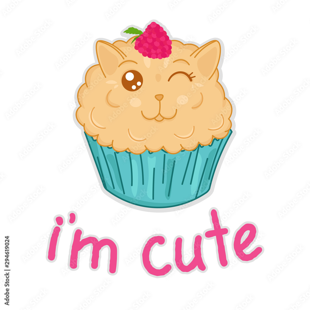 kawaii sweet muffin cat with raspberry isolated, cute cartoon funny character, editable vector illustration kawaii sweet muffin cat with raspberry isolated, cute cartoon funny character, editable vector illustration