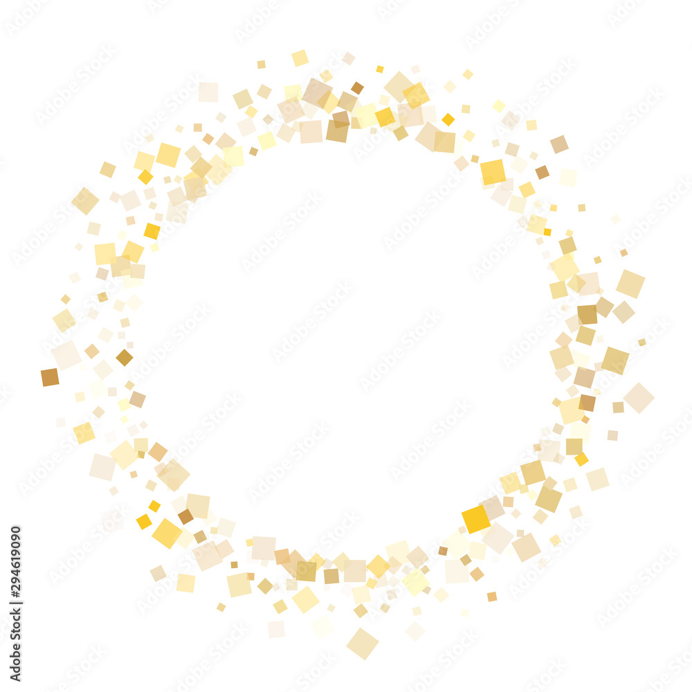 Carnival gold square confetti sparkles flying on white. Luxurious Christmas vector sequins background. Gold foil confetti party glitter pattern. Square pieces surprise backdrop.