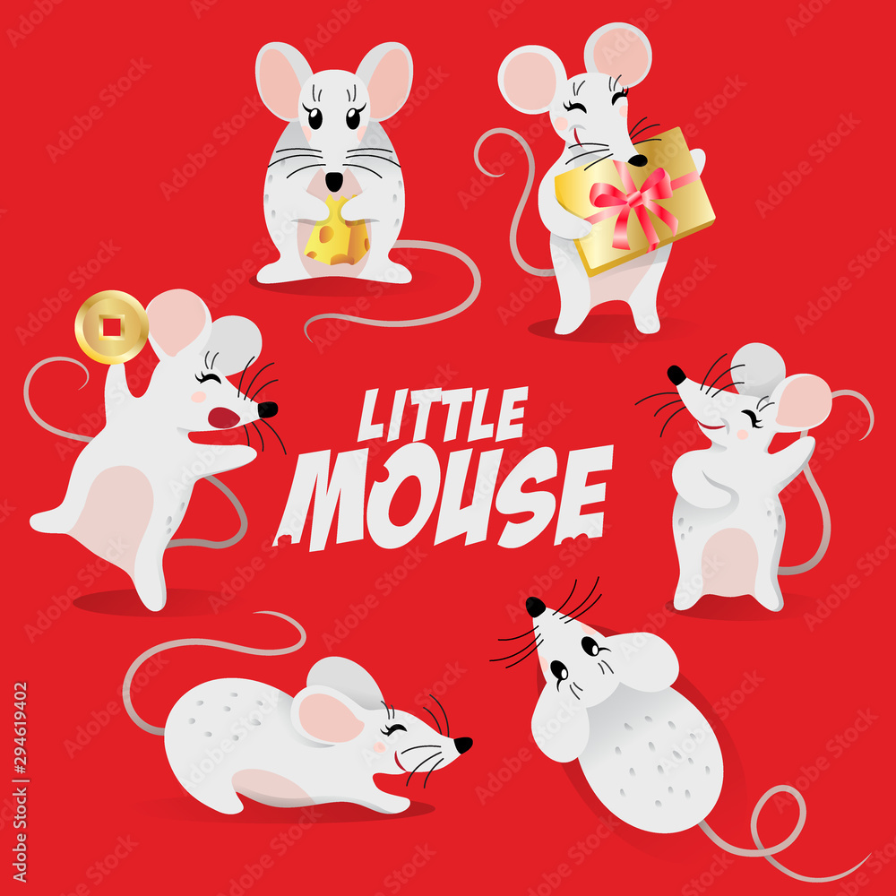 Chinese new year symbol set - cute mouse with cheese, gift box and coin