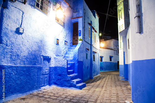 The famous blue city of Chefchaouen at night. Details of traditional Moroccan architecture. © lizavetta