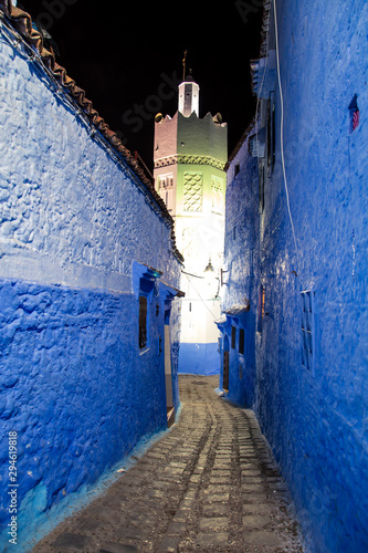The famous blue city of Chefchaouen at night. Details of traditional Moroccan architecture. © lizavetta