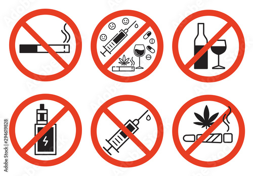 Forbidding vector signs. No smoking, no drugs, no vaping and no alcohol. Isolated illustration on white background.