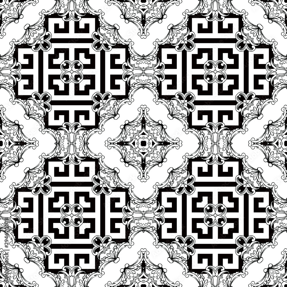 Greek black and white seamless pattern. Abstract floral Damask background. Vintage Baroque Victorian style patterns. Geometric shapes, borders, flowers, leaves. Greek key meanders ornament. Isolated.