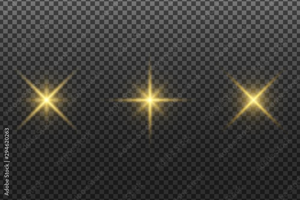 Set of abstract glowing stars isolated on a transparent dark background. Golden glare. Christmas elements. Light effect. Vector illustration Set of abstract glowing stars isolated on a transparent dark background. Golden glare. Christmas elements. Light effect. Vector illustration