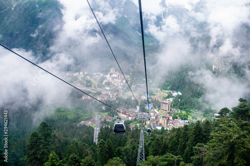 cable car on the mountain slope cable cars running up and down © сергей тарануха
