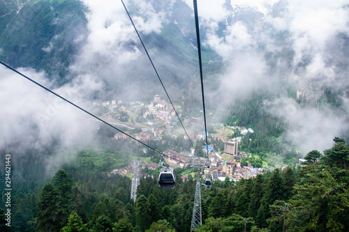 cable car on the mountain slope cable cars running up and down