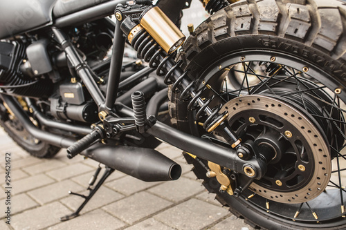 Motorcycle Rear Wheel on Shock Absorber and Spring - Suspension © andrey gonchar