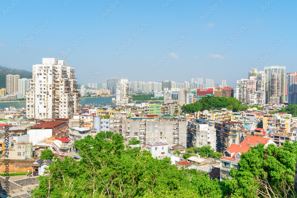 Scenic view of Macau on sunny day. Residential buildings