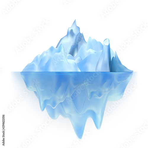 Glacier Floating On Antarctic Water Waves Vector. Cool Glacier Berg With Underwater Part And Icecap. Marine Ice Chunk Hiding Threat, Dangerous And Ecosystem Realistic 3d Illustration