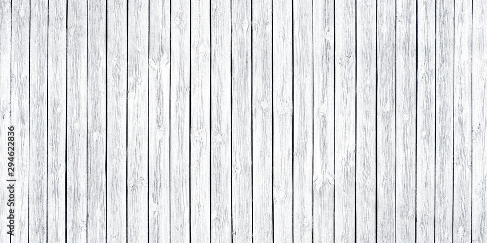 Fototapeta premium White painted old wooden board spacious texture. Wide light wood background. Whitewashed widescreen vintage rustic background