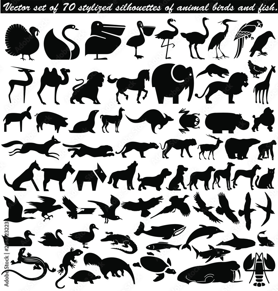 Vector set of 70 stylized silhouettes of animal birds and fish.