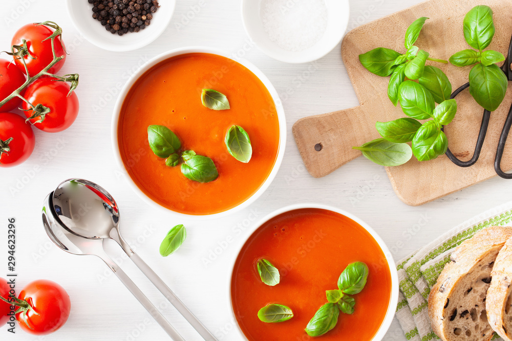 tomato soup flat lay on white backgorund tomato soup flat lay on white backgorund
