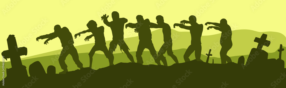 Black graphic hand drawn silhouette walking group of monsters dead zombies. On green cemetery background with tombs and cross. Halloween vector icon.