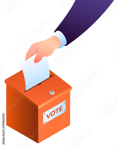 Hand puts ballot in the ballot box concept. Vector illustration