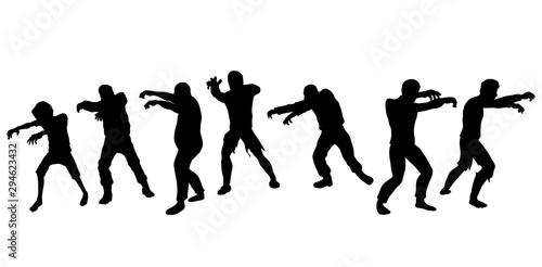 Black graphic hand drawn silhouette walking group of monsters dead zobies. Isolated on white background. Halloween vector icon.