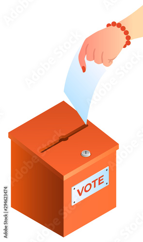 Woman hand puts ballot in the ballot box concept. Vector illustration