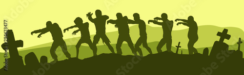 Black graphic hand drawn silhouette walking group of monsters dead zombies. On green cemetery background with tombs and cross. Halloween vector icon.