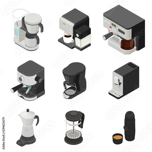 Coffee maker icons set. Isometric set of coffee maker vector icons for web design isolated on white background