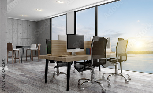 Large spacious office with concrete walls. Open space. Sunset. 3D rendering