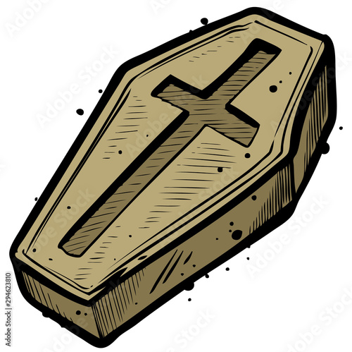 Cartoon graphic colorful wooden closed coffin with cross. Isolated on white background. Halloween vector icon.