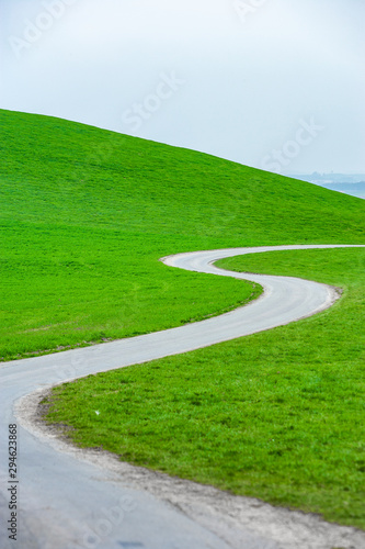 Kurvige Landstraße durch Wiesen