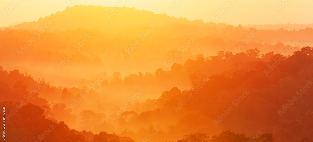 Panoramic scenery of autumn mountain in the morning mist. - obrazy, fototapety, plakaty 