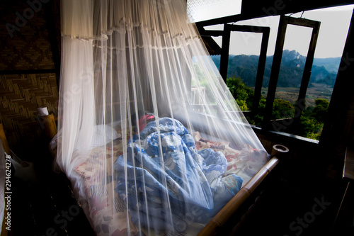 beautiful woman Sleep in a mosquito net To prevent mosquitoes.