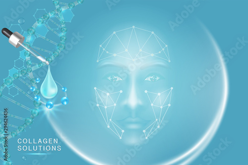 Hyaluronic acid skin solutions ad, blue collagen serum drop with cosmetic advertising background ready to use, illustration vector.	
