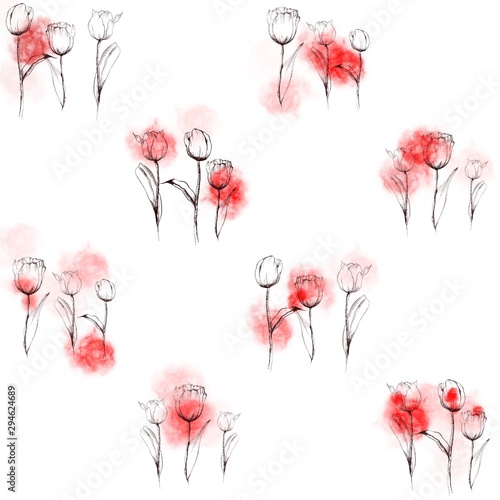 Hand-drawn pale tulip and watercolor pattern for background, fabric, wrapping paper. stock template design. nature flat spring flower motif in red, white and black colors.