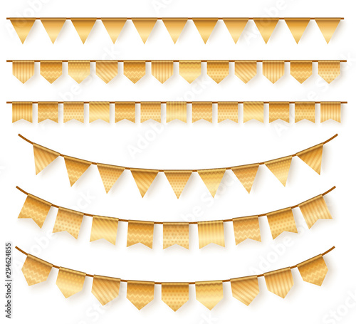 Golden garlands 3d illustrations set. Realistic holiday decor isolated on white background. Yellow striped triangles, polka dot flags hanging on ropes. Stylish party, celebration decorative elements