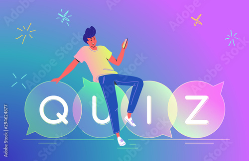Man playing quiz with smartphone mobile app