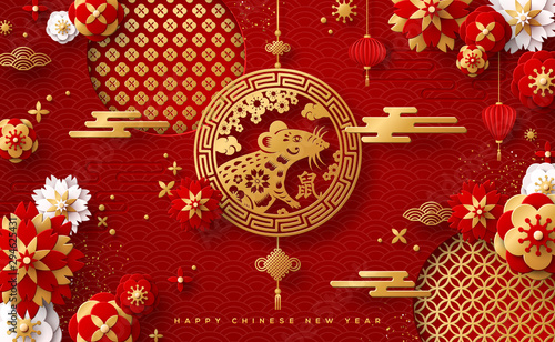 Chinese Greeting Card with Zodiac Symbol for 2020 New Year. Vector illustration. Golden Mouse in Emblem, Flowers and Asian Elements on Red Background. Hieroglyph Translation: in Pendant Rat