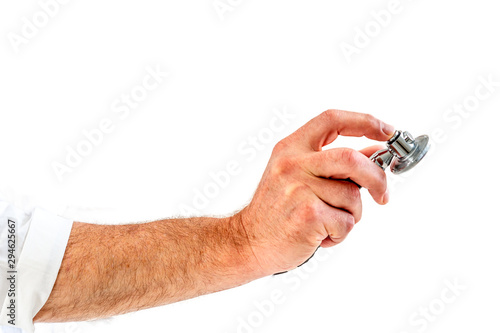 Close-up of a doctor s hand holding a stethoscope outstretched towards the viewer. Healthy lifestyle concept. Copy space.