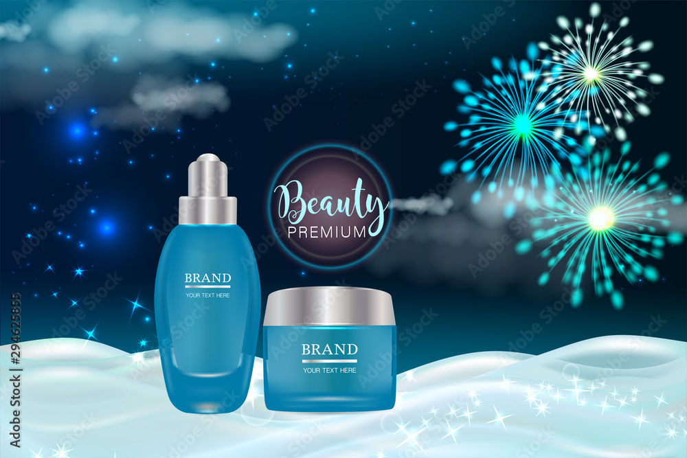 Beauty product ad design, blue cosmetic containers with holiday concept advertising background ready to use, luxury skin care banner, illustration vector. Beauty product ad design, blue cosmetic containers with holiday concept advertising background ready to use, luxury skin care banner, illustration vector.