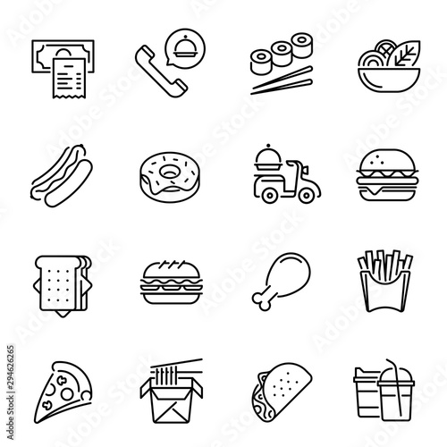 Fast food and drinks vector linear icons set