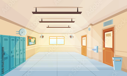 Color cartoon high school hallway vector illustration