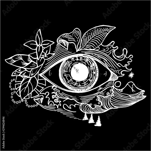 Black and white picture of an cosmic eye on a background of a landscape. Psychodynamic background. Chalk on a blackboard.