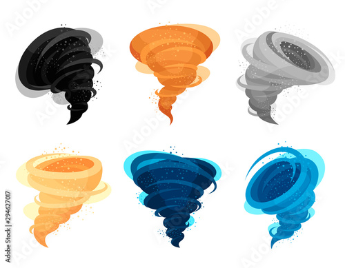 Tornado winds flat colorful vector illustrations set