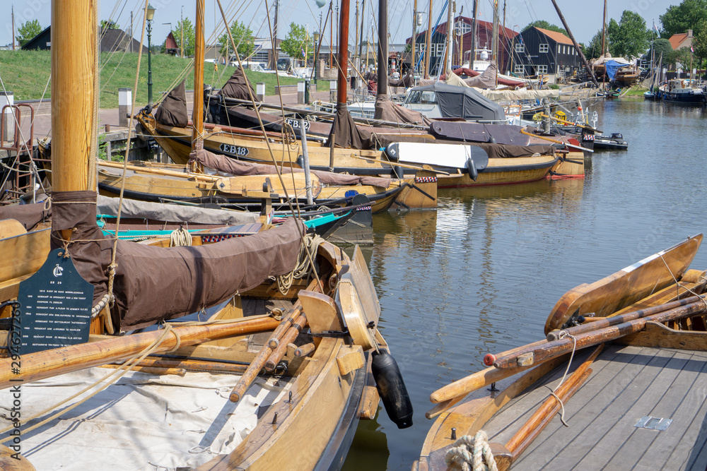 Old tradional boats at the Havankade (harbor quay) in Elburg, Gelderland, NLD