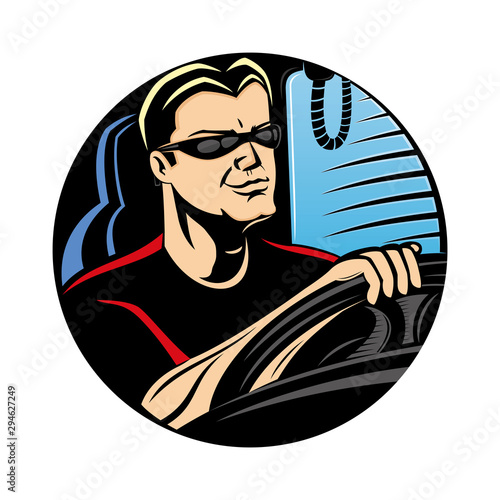 Truck driver round sign on a white background.