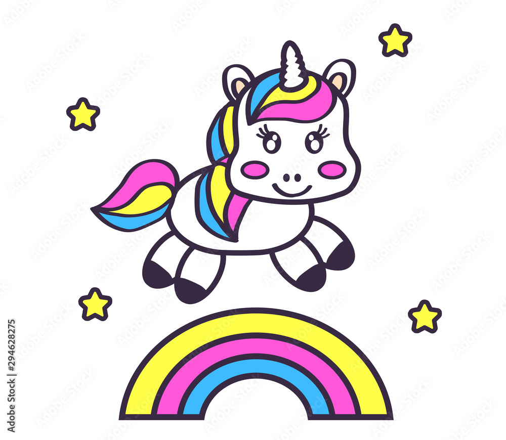 Naklejka premium Little unicorn on the rainbow. Vector illustration. 