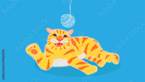 the lovely yellow and orange striped cat flop and playing with sketch cotton on pastel blue color background. vector illustration eps10