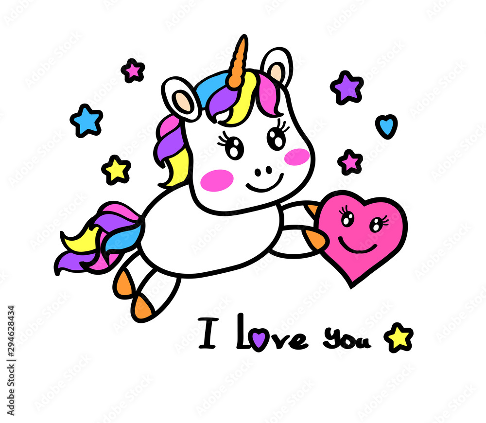 Little unicorn holds a heart. Vector illustration. 